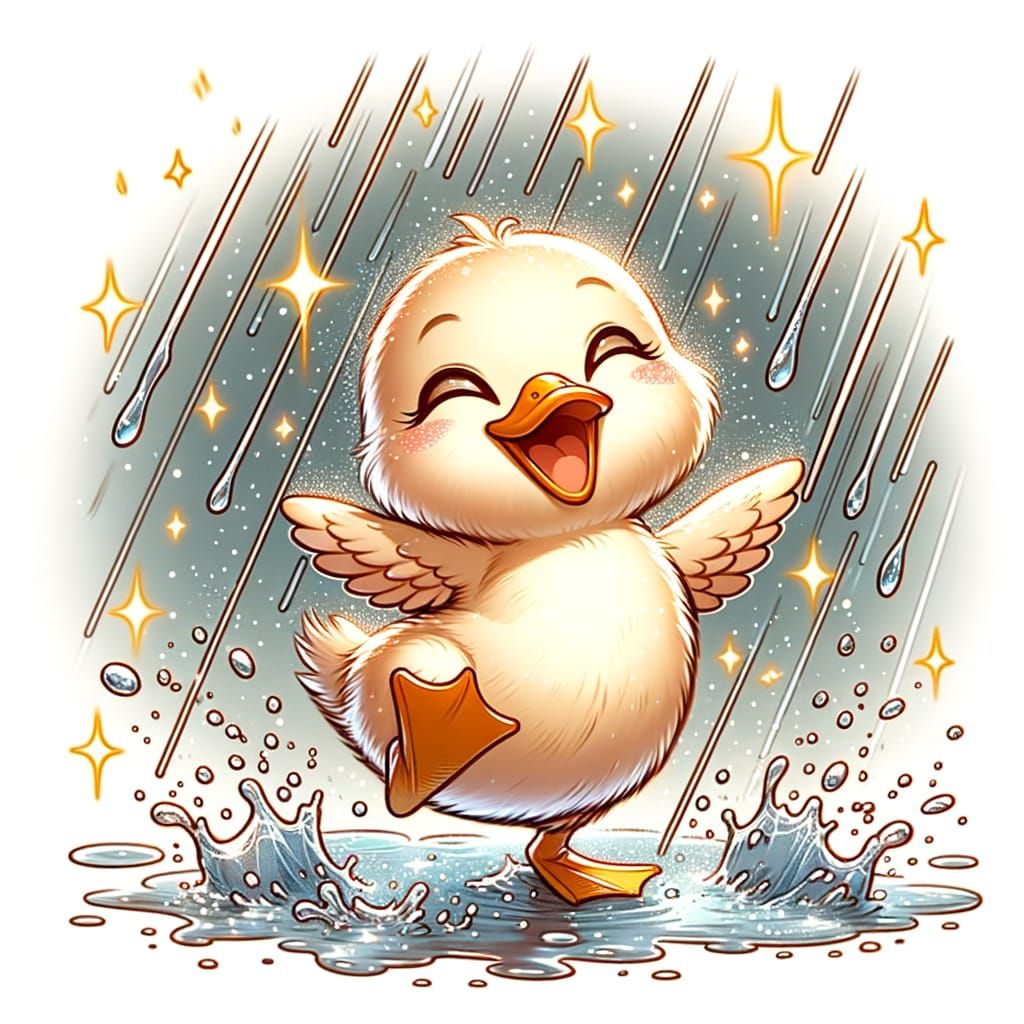 Cute Cartoon Duckling Dancing in Rain with Sparkles