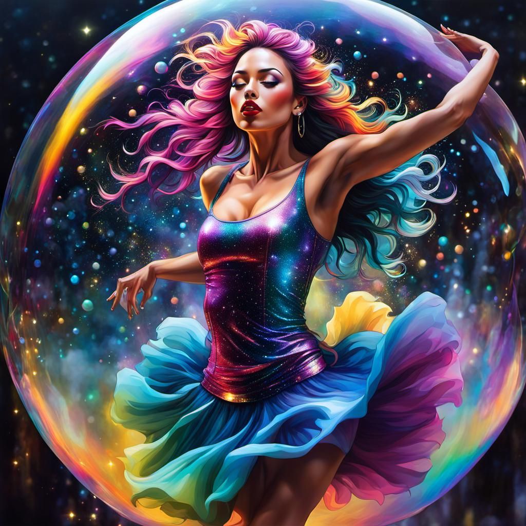 Girl Dancing in Bubble with Starry Sky Background