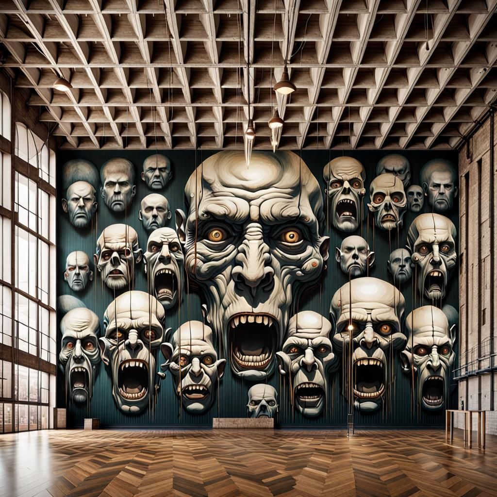 Brutalist Hall: Grotesque Faces in Post-Apocalyptic Art