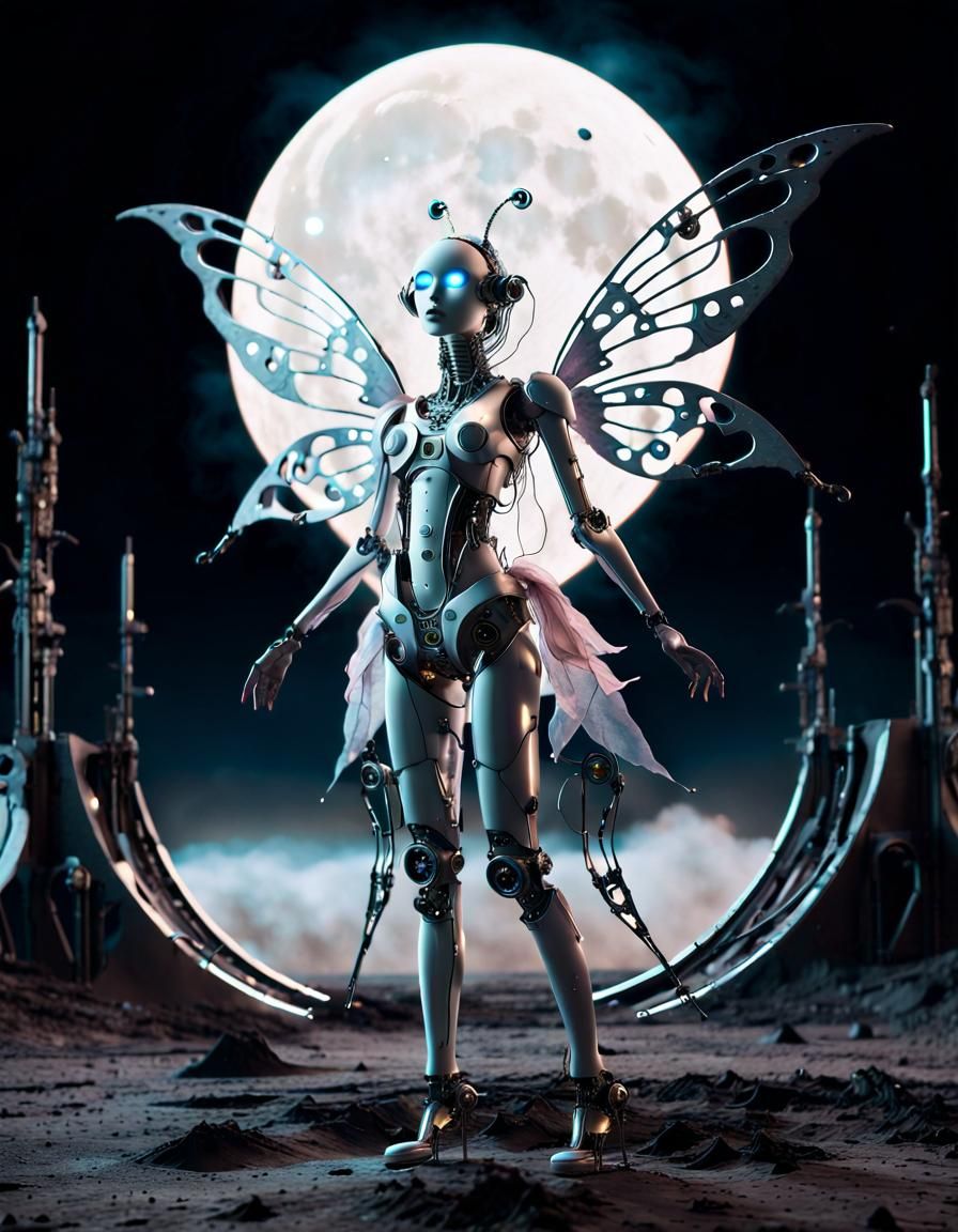 Robot Fairy on the Moon in Dark Surrealism