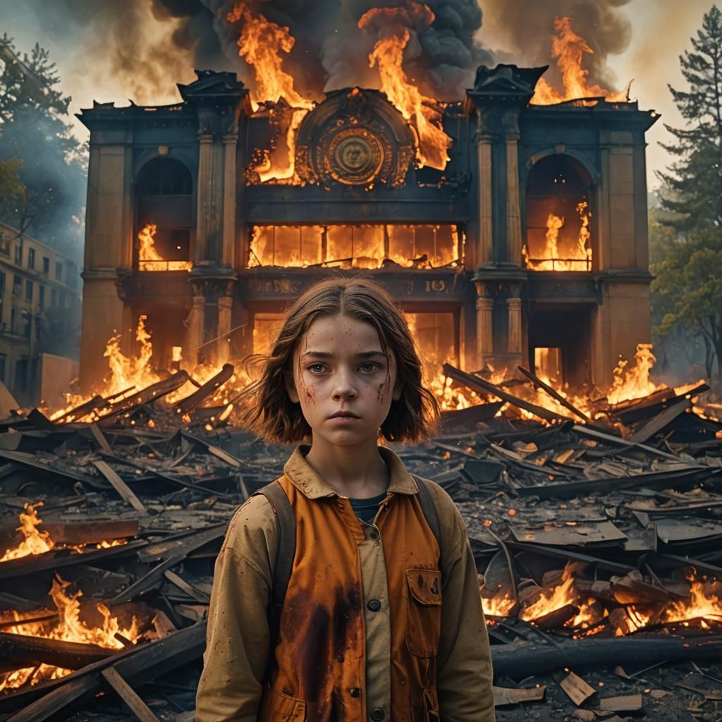 Girl Stares at Burning Theatre: Cinematic Matte Painting