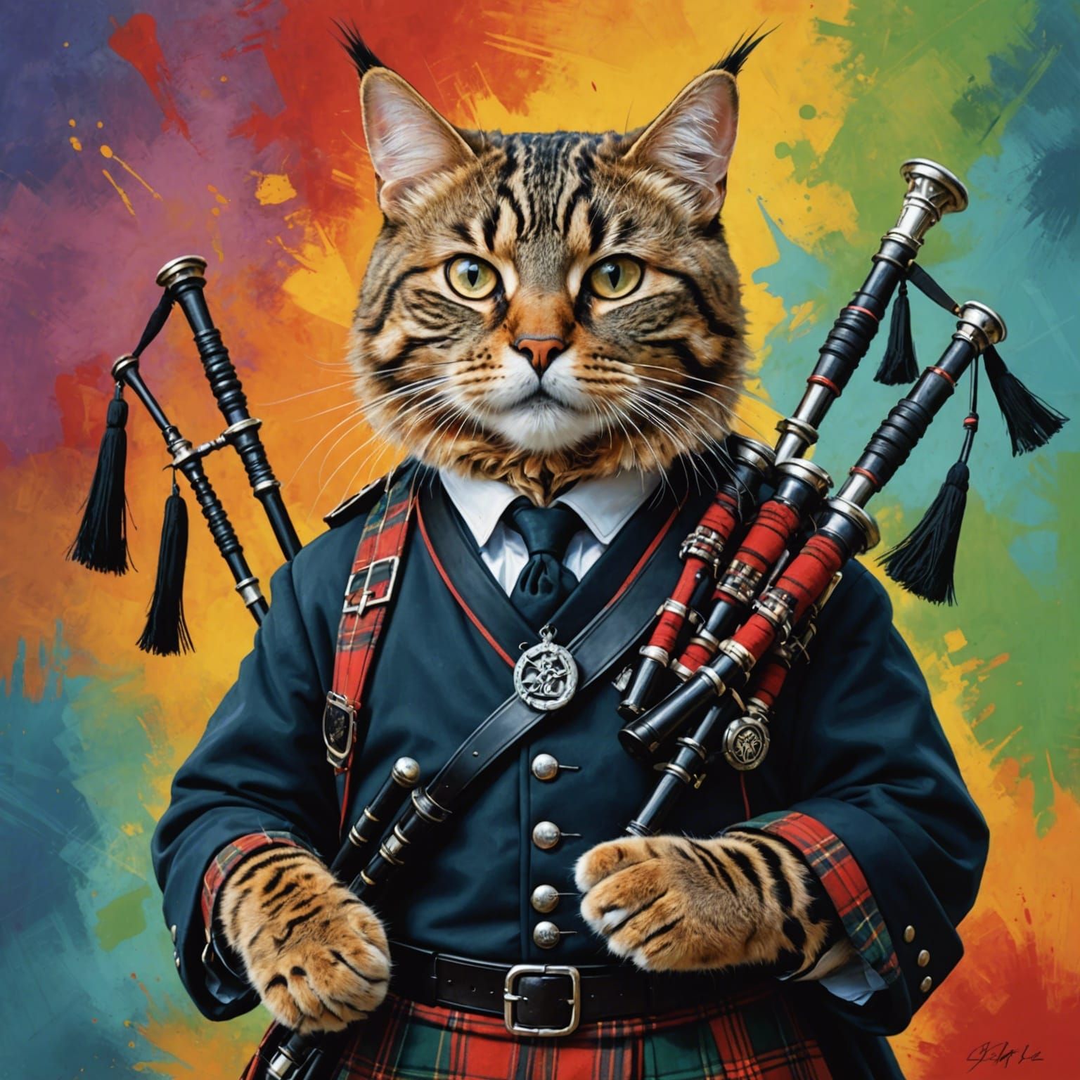 Tabby Cat in Kilt with Bagpipes: Hyperrealistic Art