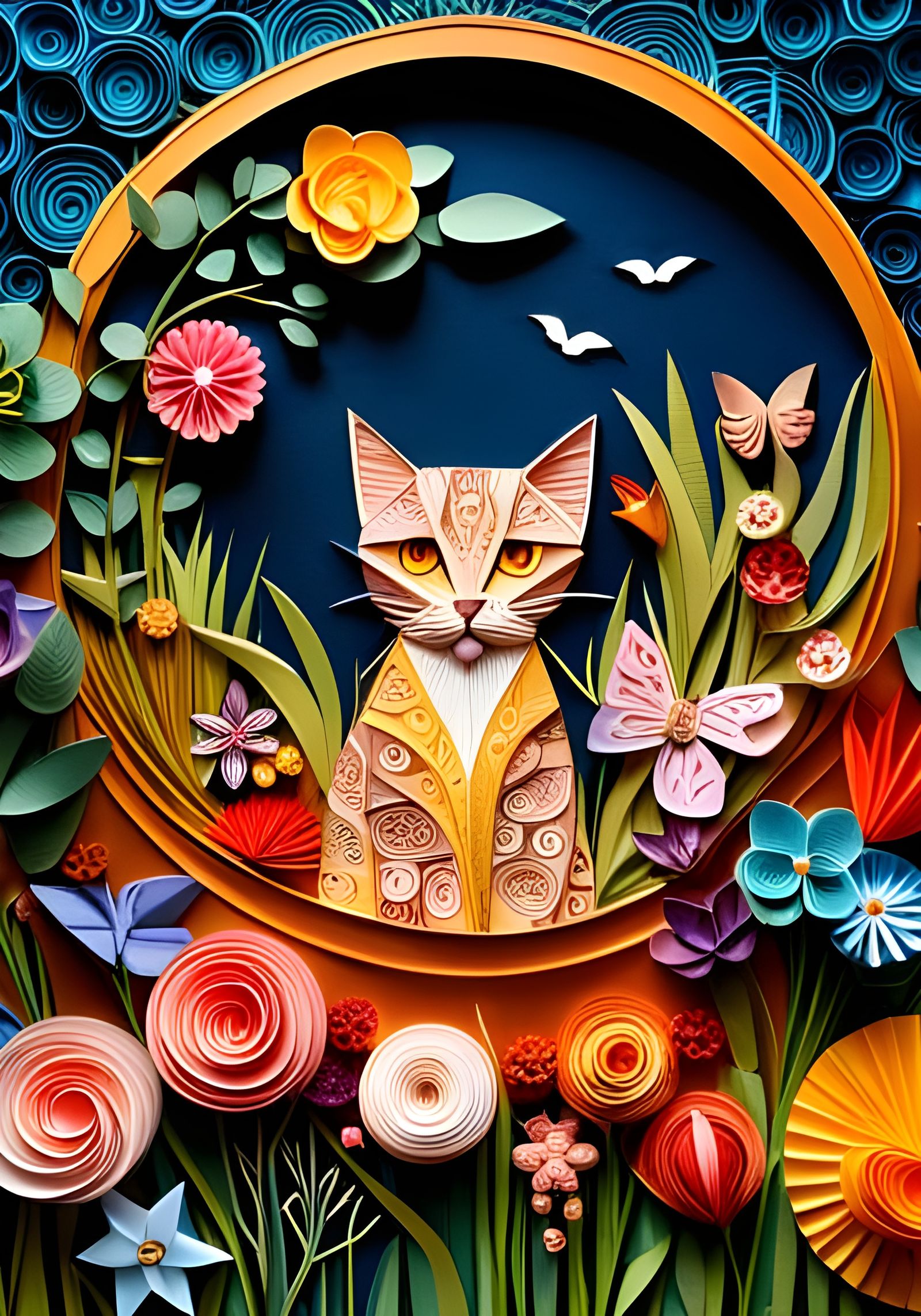 Origami Cats in a Surreal Paper Garden