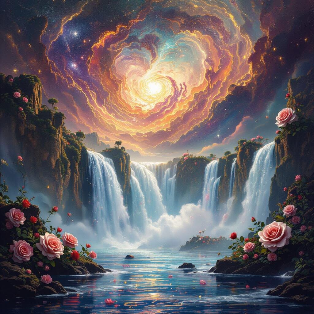 Cosmic Waterfall with Bioluminescent Roses in Klimt Style