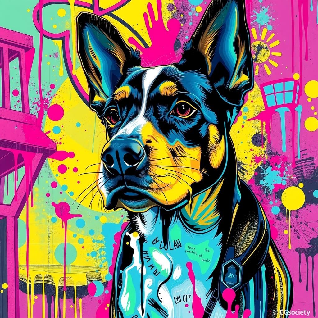 Synthwave Dog in Neon Retro Graffiti Style