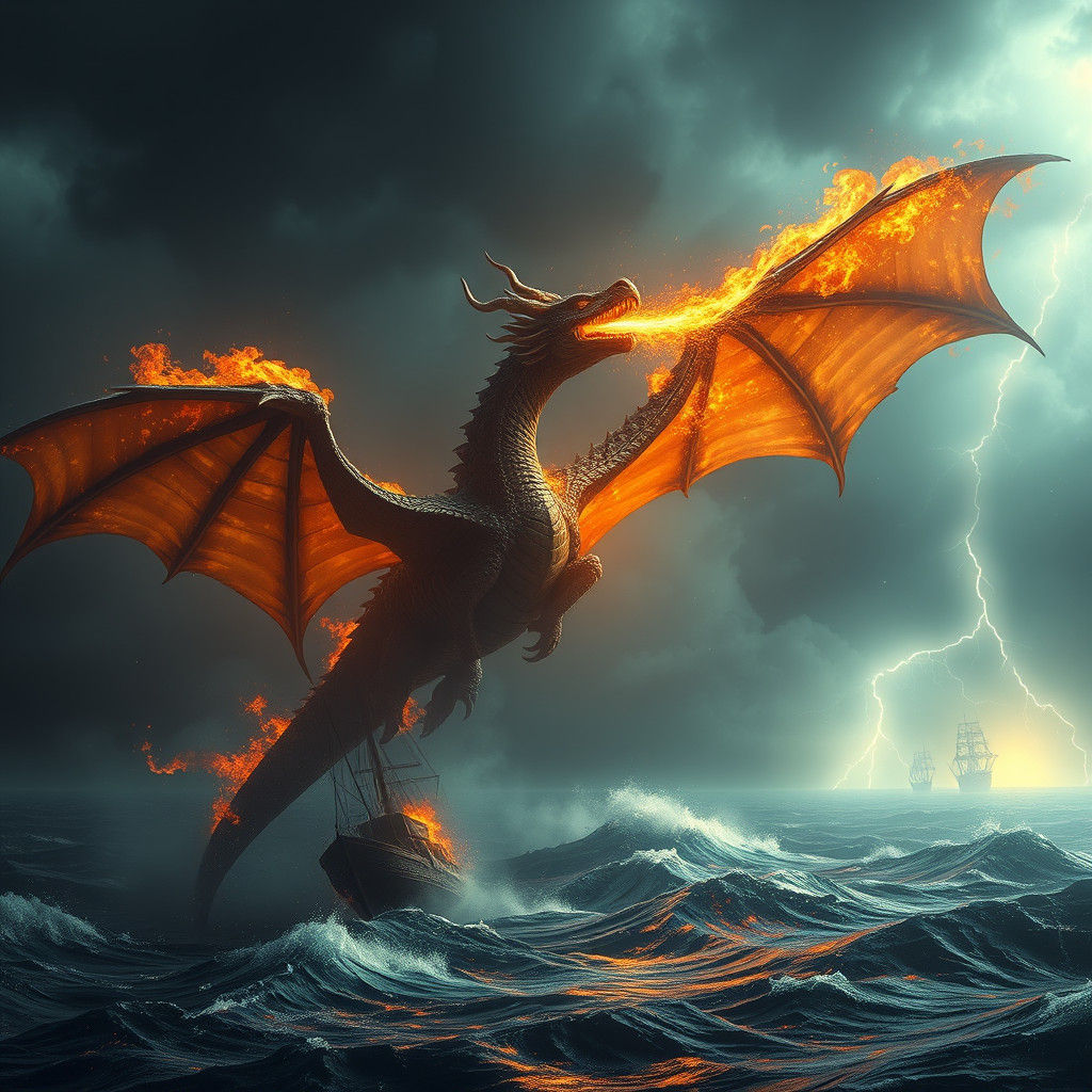 Epic Dragon Over Burning Ships in Lightning Storm