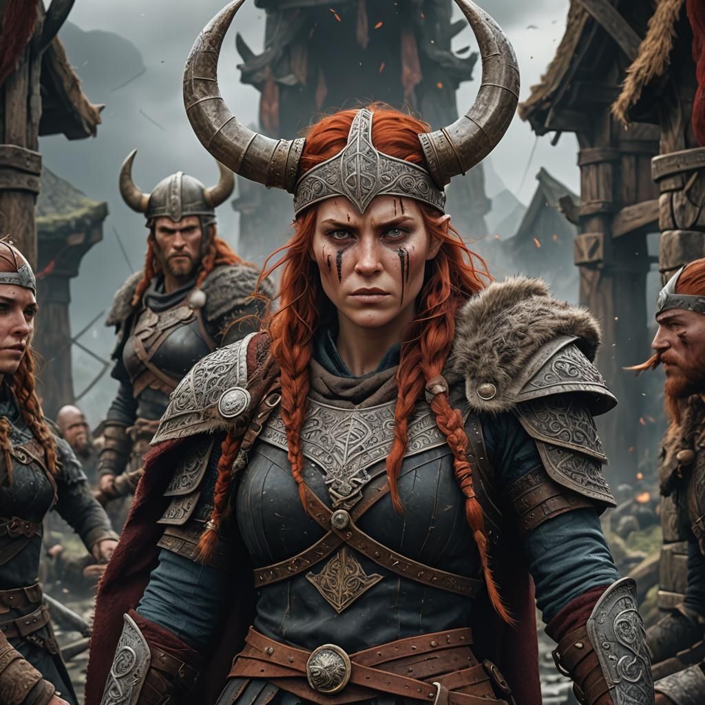 Create an image of a viking woman worrior, with red hair and...