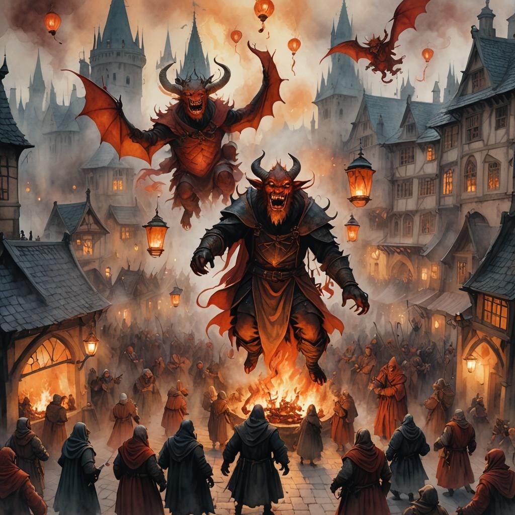 Demons' Medieval Dance: Ethereal Watercolor Fantasy