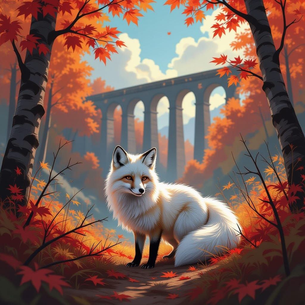 Arctic Fox in Autumn Grove with Roman Aqueduct