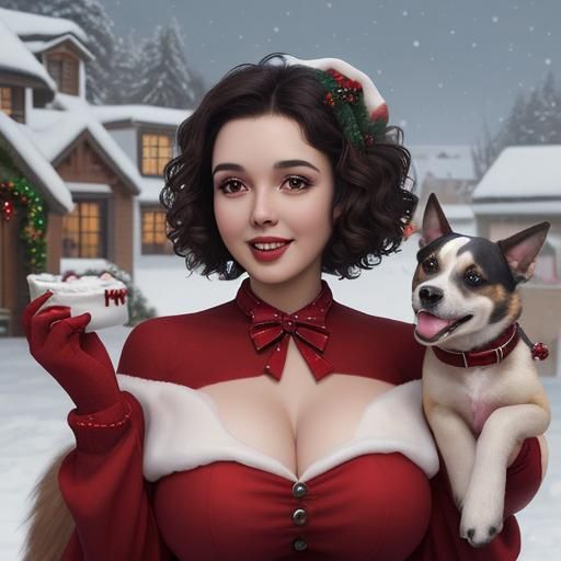 Dogs Celebrate Christmas with Woman: Matte Painting