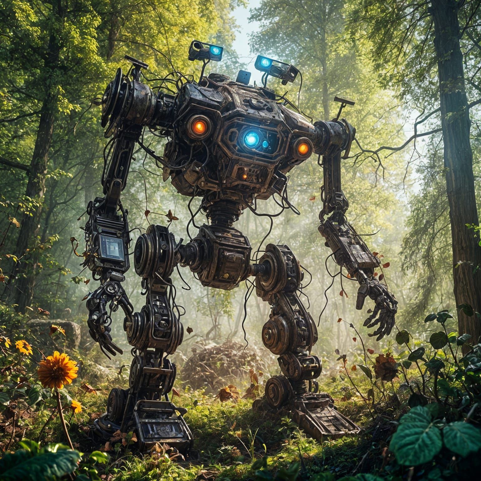Vine-Covered Robot Rusting in Forest Clearing