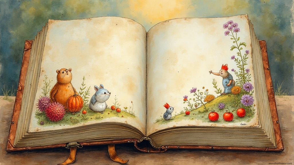 Vintage Watercolour Illustrations on Antique Book Page