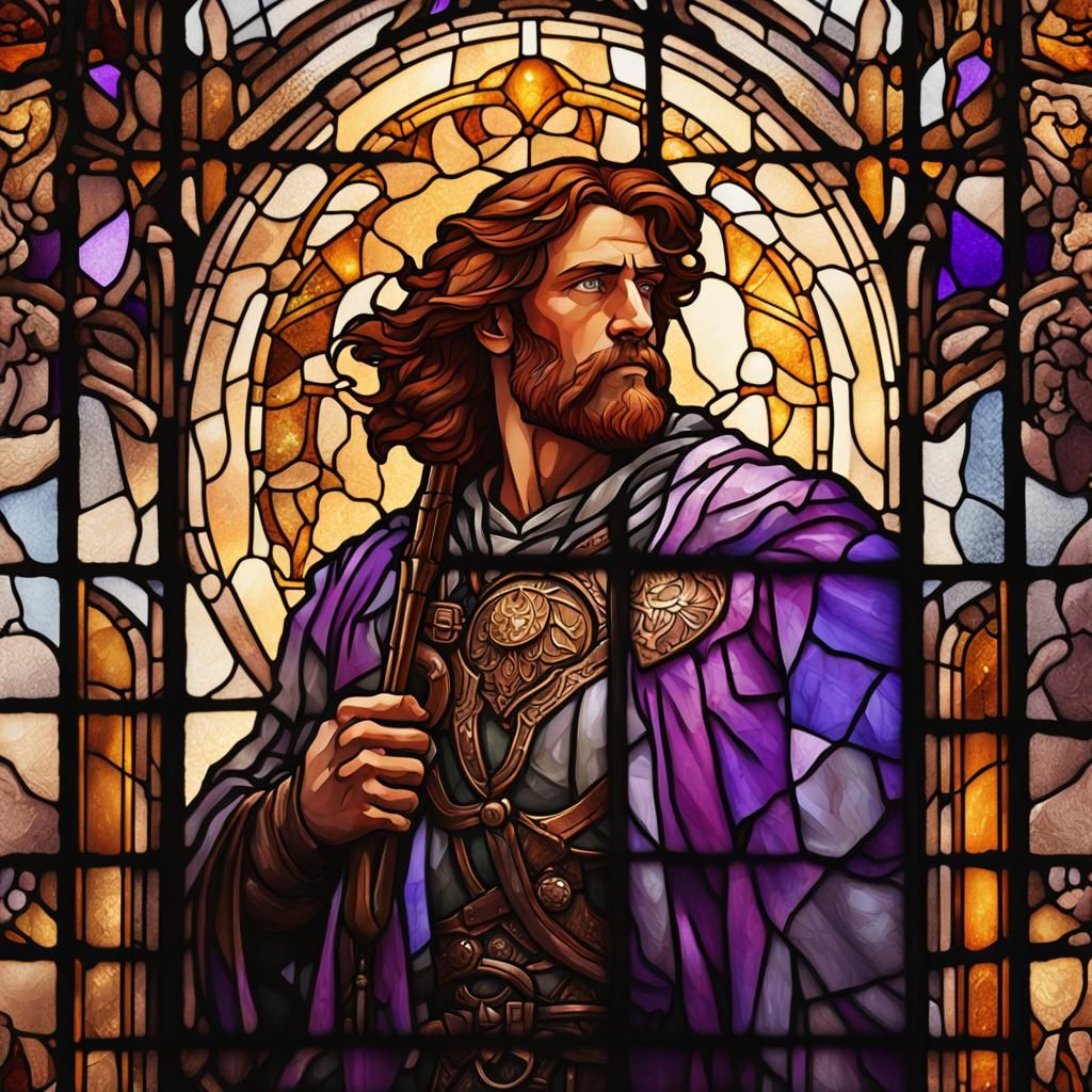 Auburn Haired God in Alphonse Mucha Stained Glass