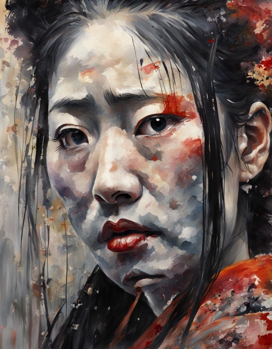 Geisha's Inner Pain: An Oil Painting Close-Up