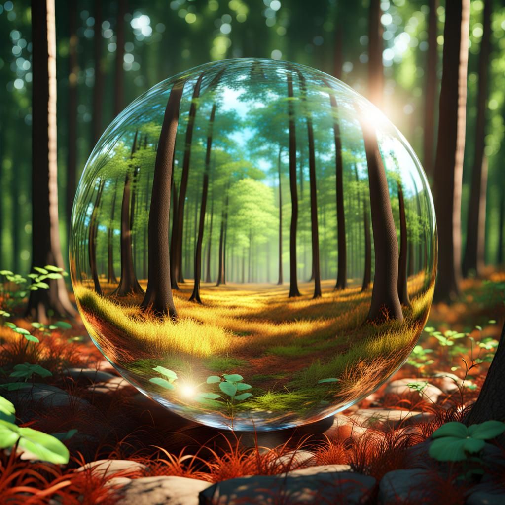 Glass Sphere in Woods: 3D Render with Refraction