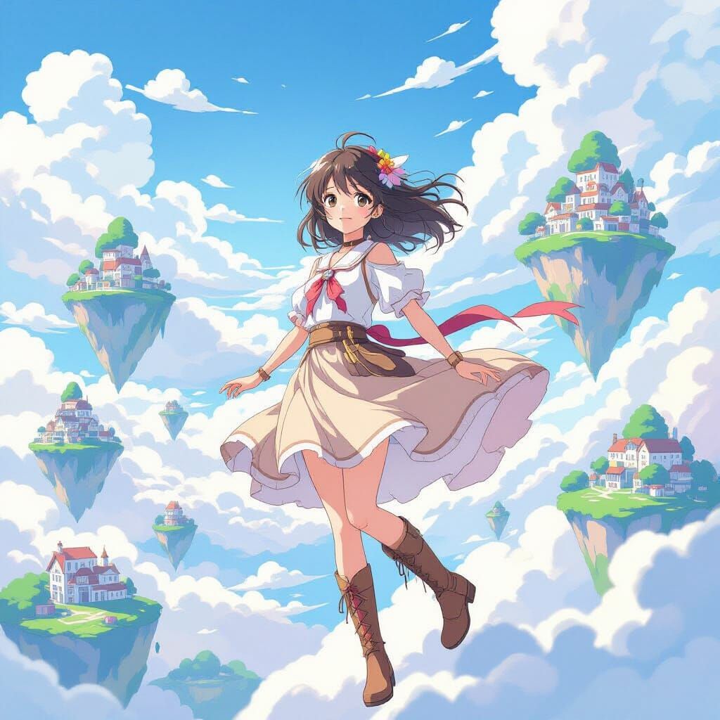 Anime Girl Soaring Through a Fantastical World