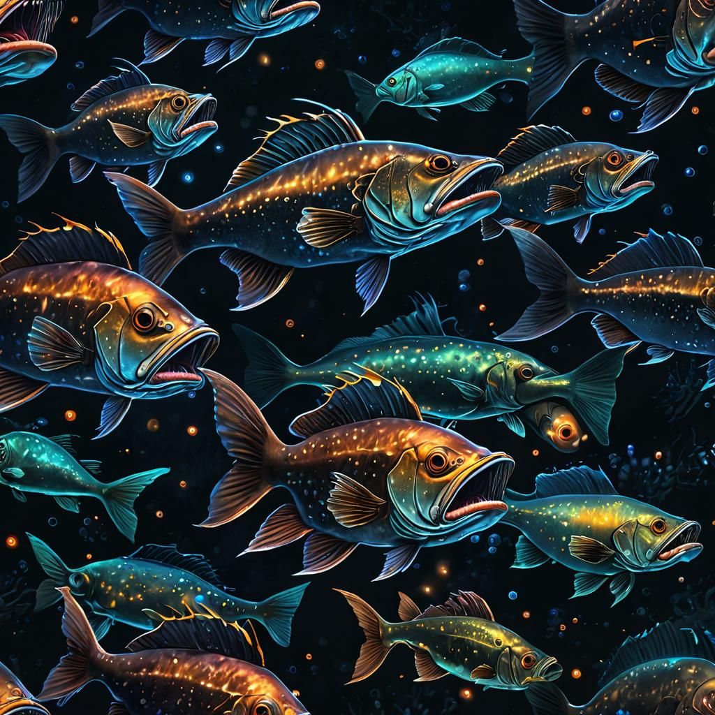 Fearsome Bioluminescent Fish in Dark Underwater Scene