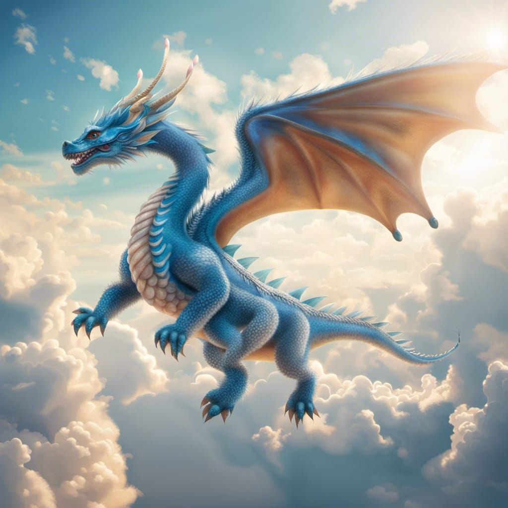 Fluffy Blue Eastern Dragon in Divine Sunlight