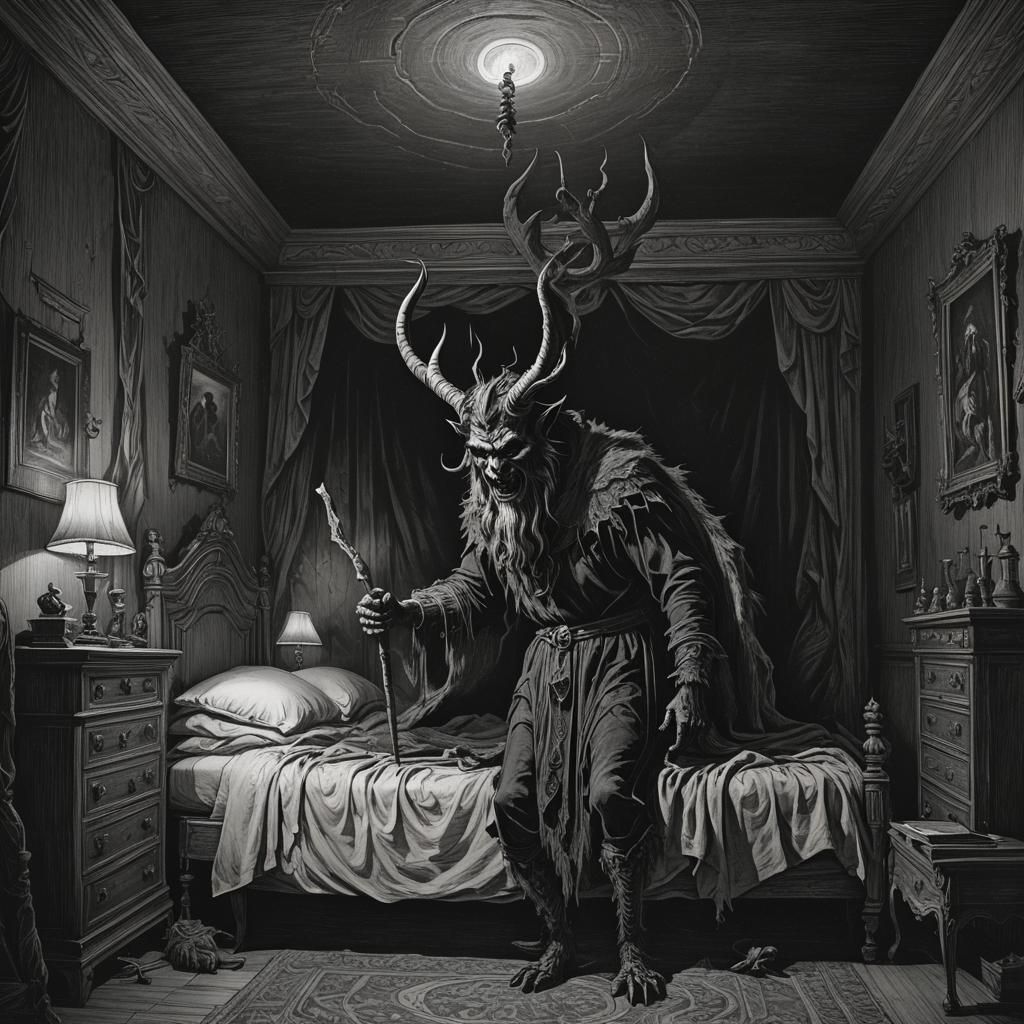 Krampus in Dimly Lit Bedroom, Gustave Doré Style