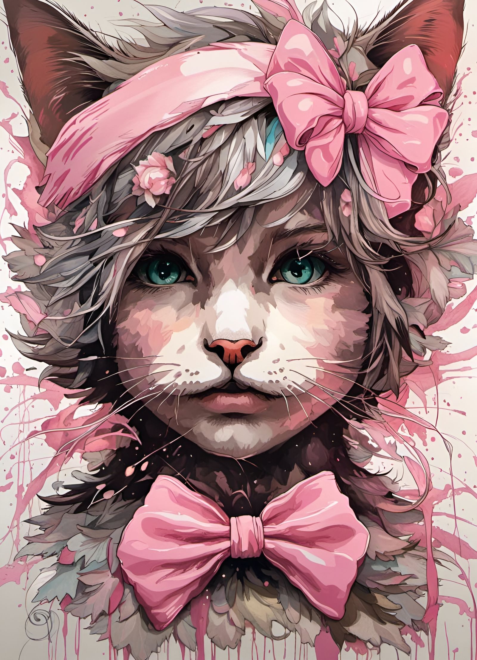 Shy Kitten Girl and Pink Bows