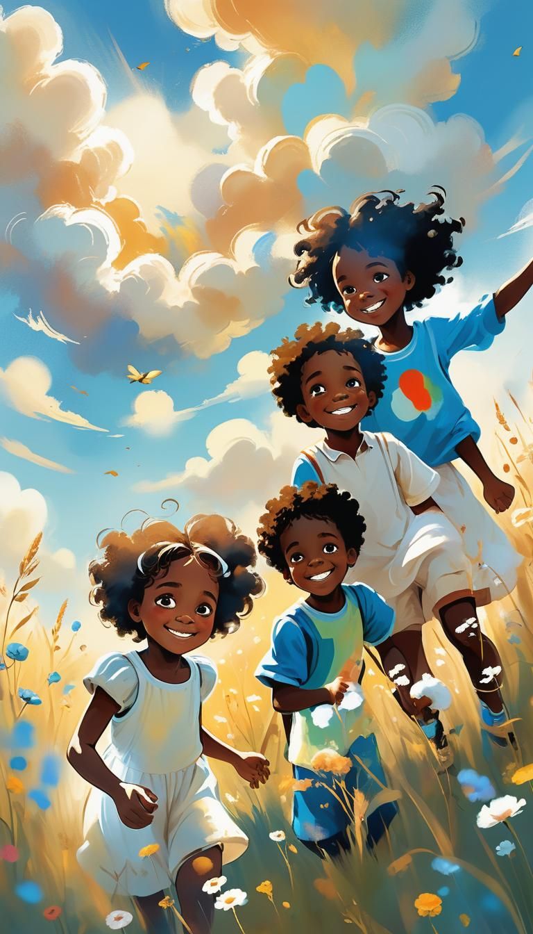 Happy Children Playing in Meadow: Storybook Illustration