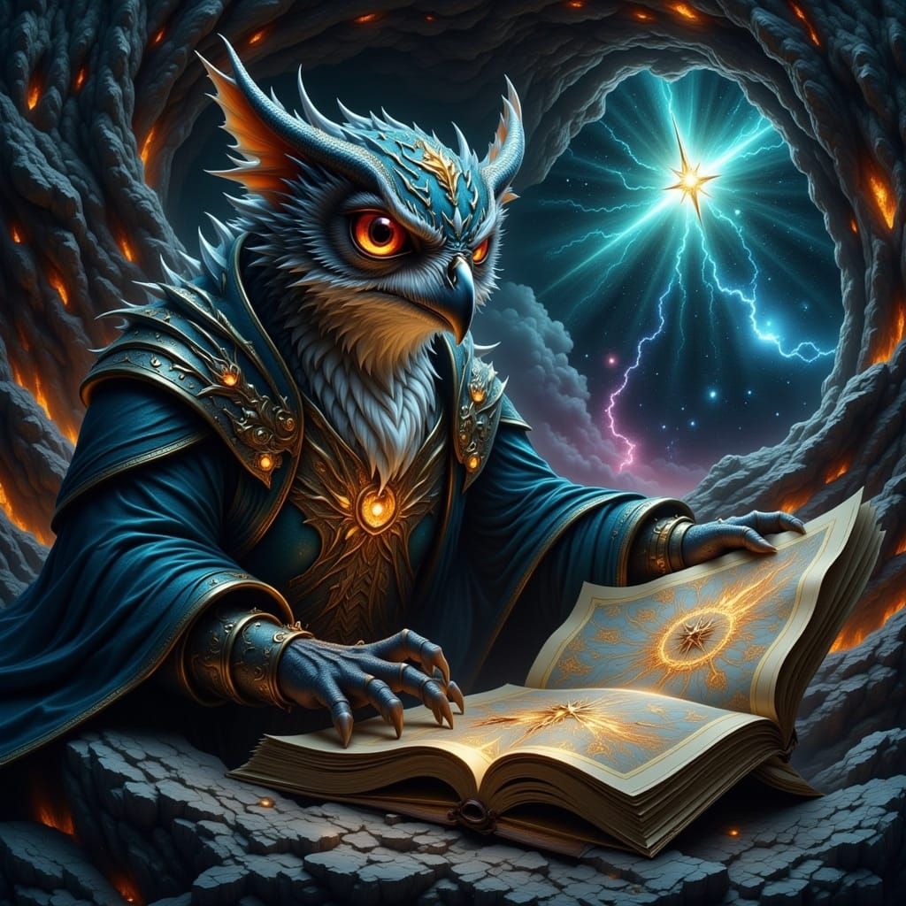 An owl, wise and ancient, dressed in a wizard's robe woven f...