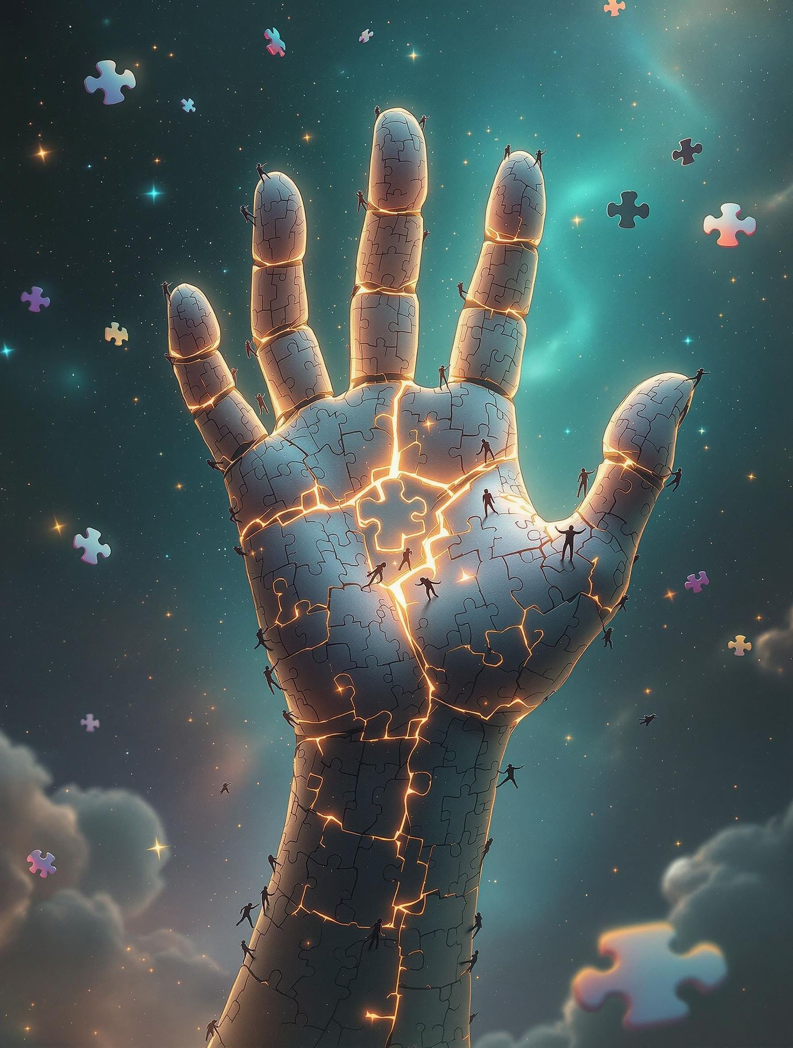 Surreal Puzzle Piece Hand Reaches for Connection