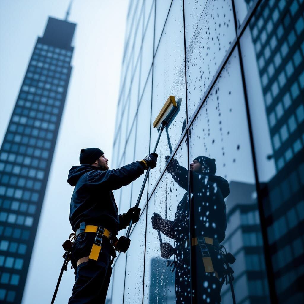 Window Cleaner at Skyscraper, Cinematic 35mm Film