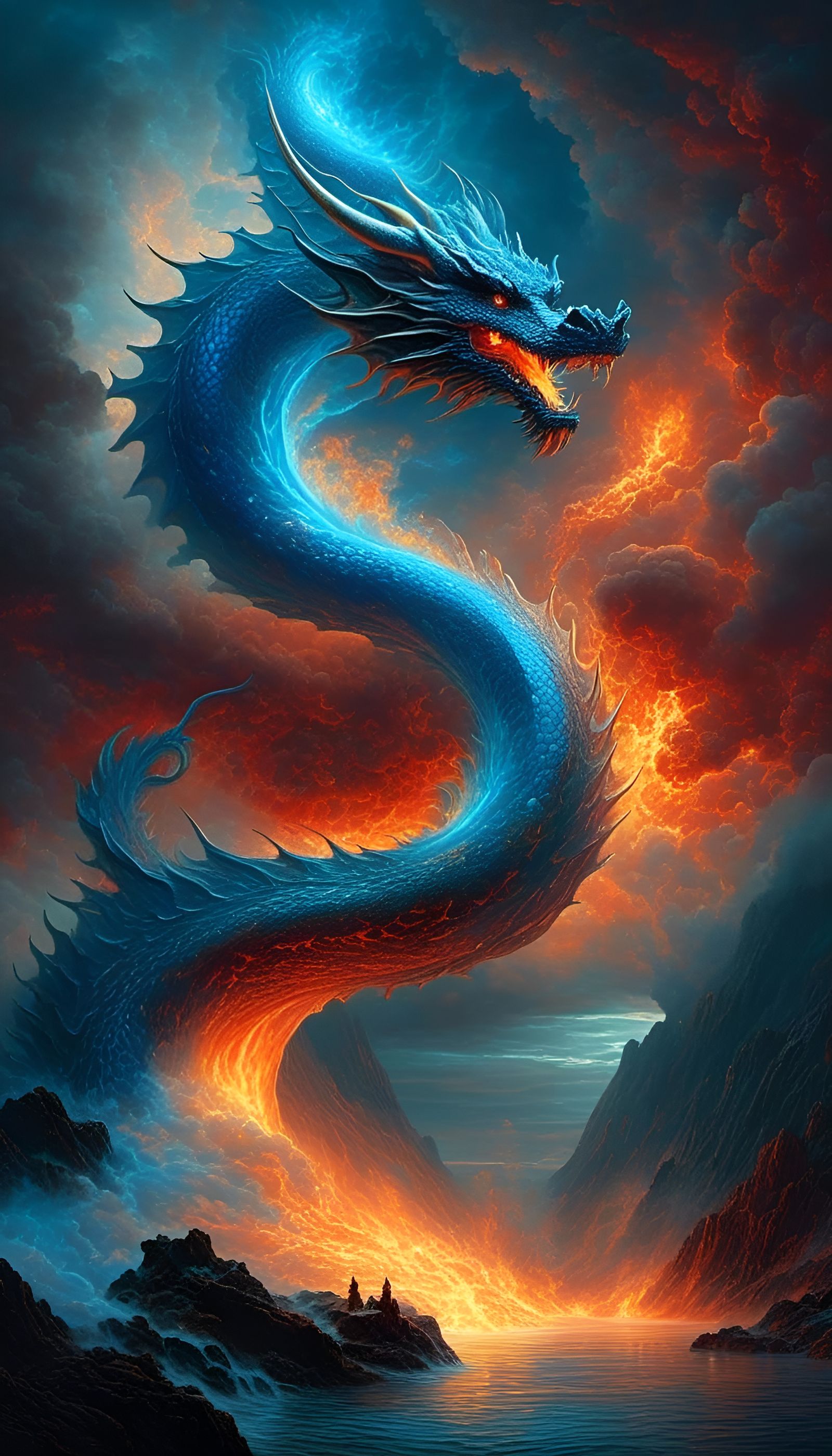 Blue Elemental Dragon Swirling with Fire and Water
