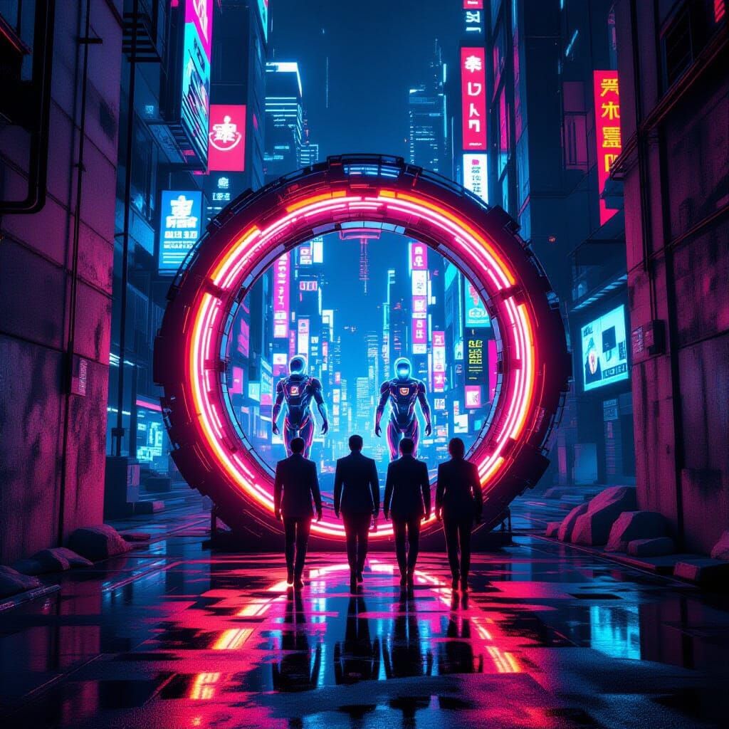 Futuristic Time Portal in Neon City, Entrepreneurs Transform