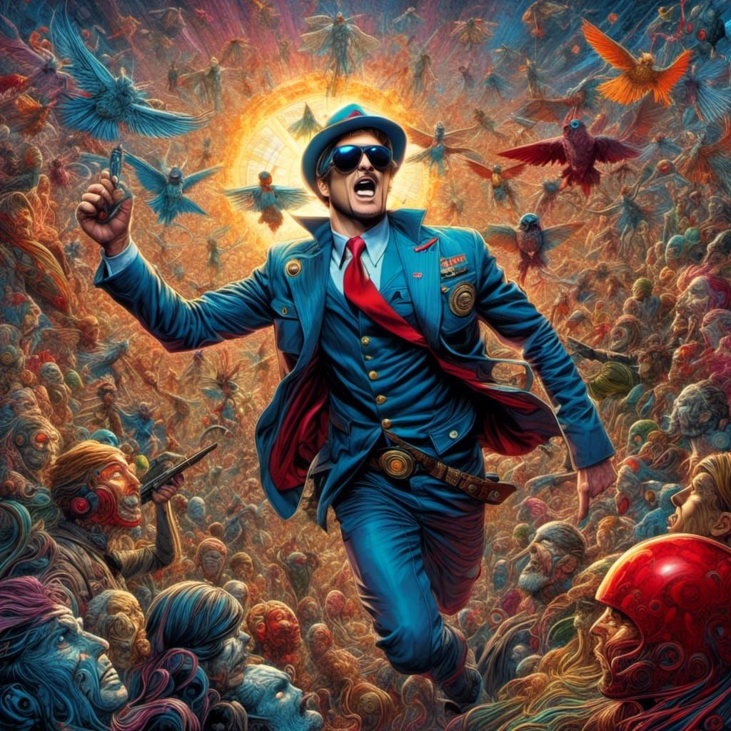 Whimsical Captain Fantastic Illustration in Mixed Media