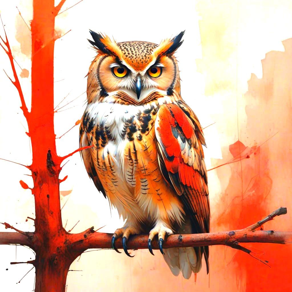 Surreal Owl on Tree Branch: Mixed Media Art with Geometric S...