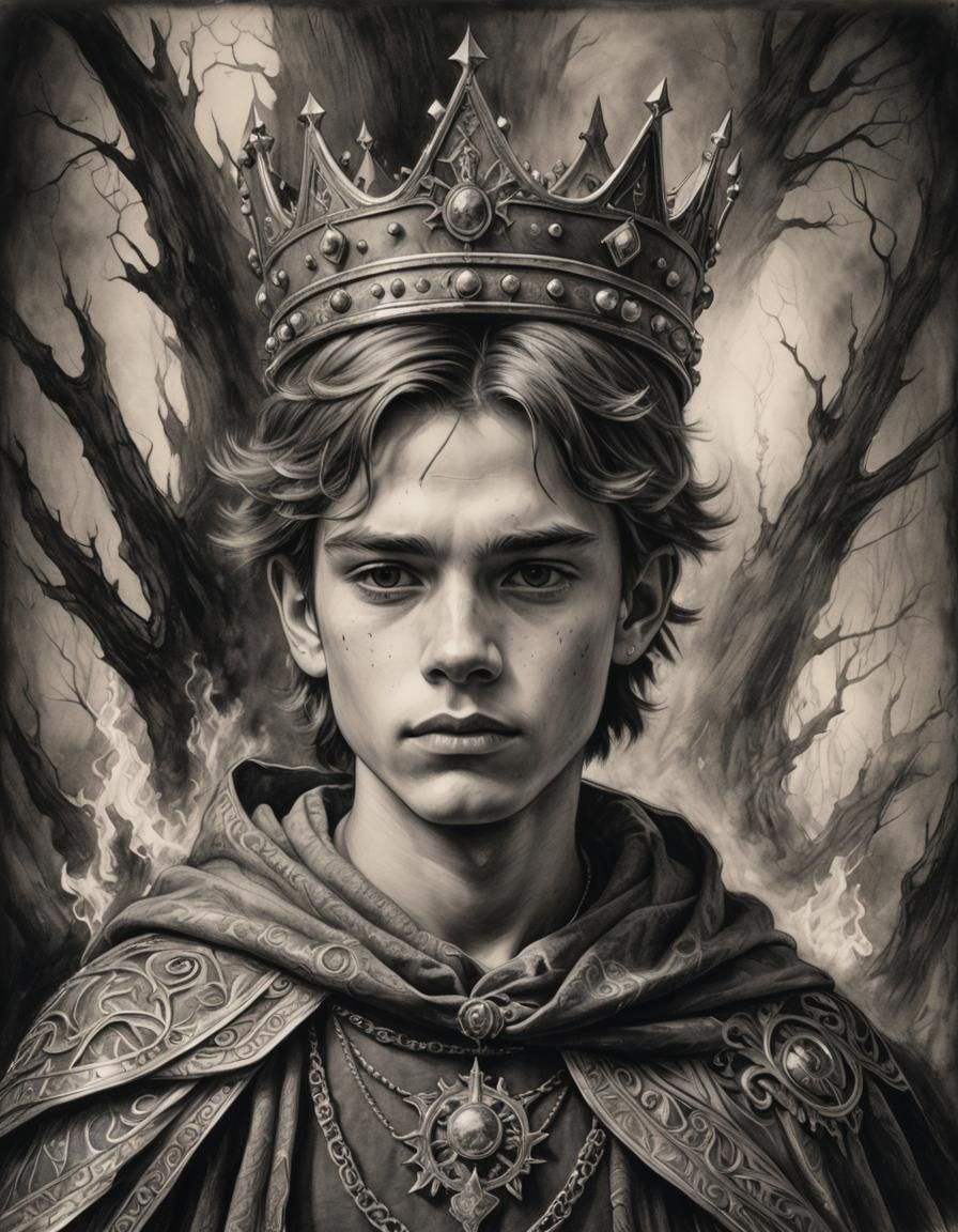 Crowned Boy: Hyperdetailed Fantasy Charcoal Drawing