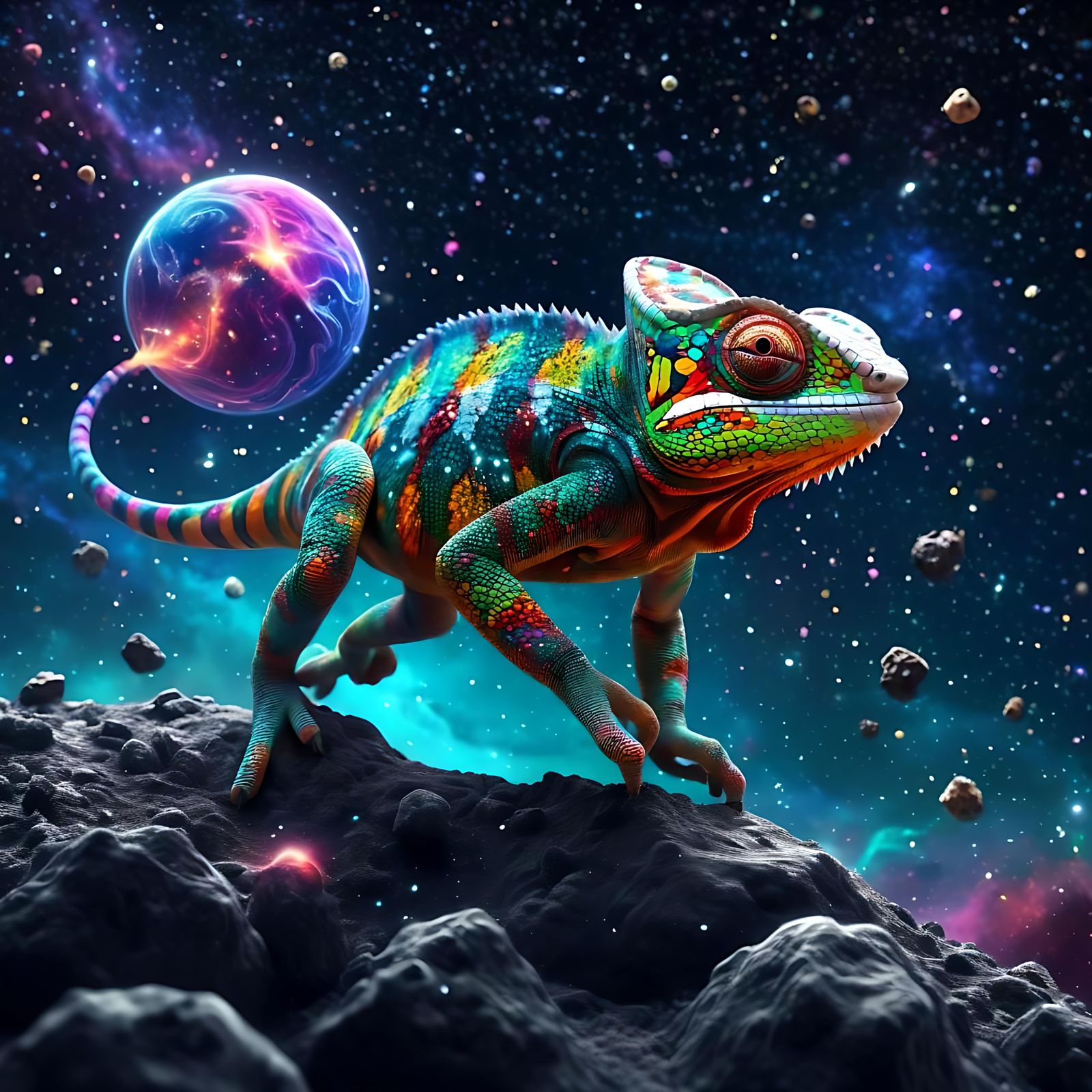 Colorful Chameleon Catches Stars on Asteroid, Digital Art