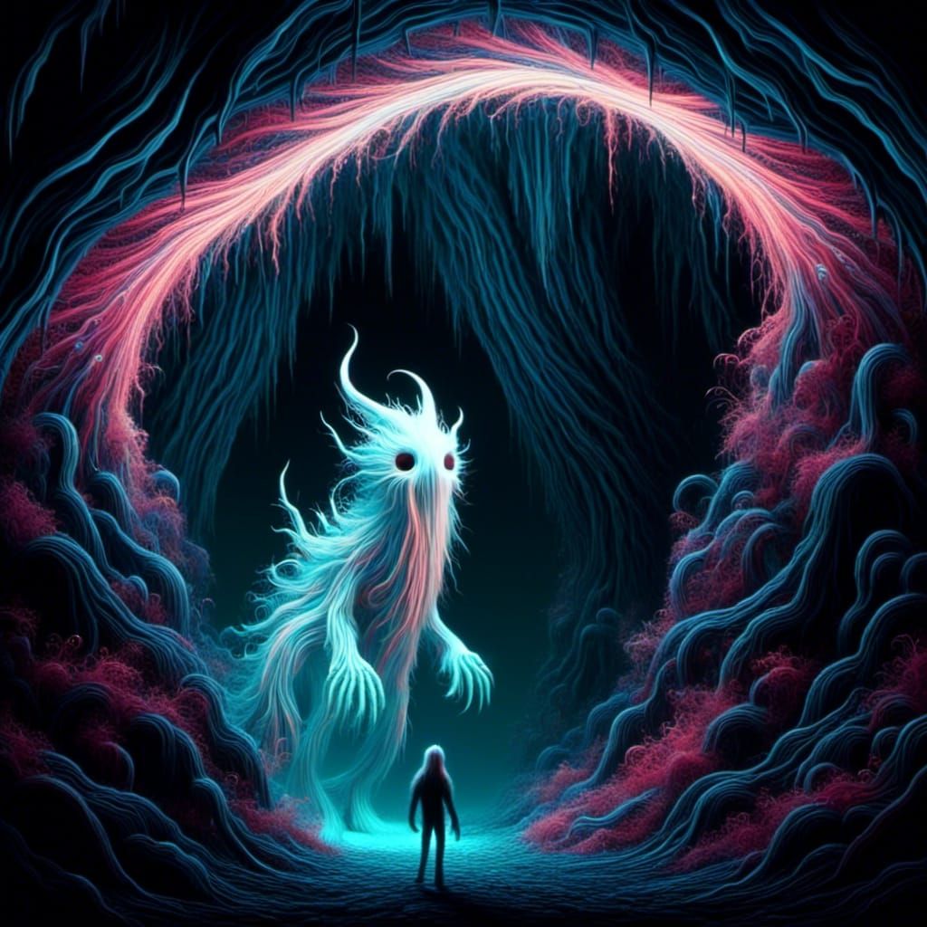 White Dragon in Bioluminescent Cave
