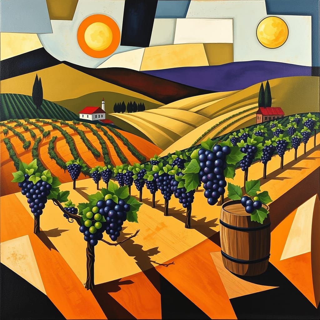 Cubist Vineyard Scene with Geometric Shapes and Vibrant Colo...