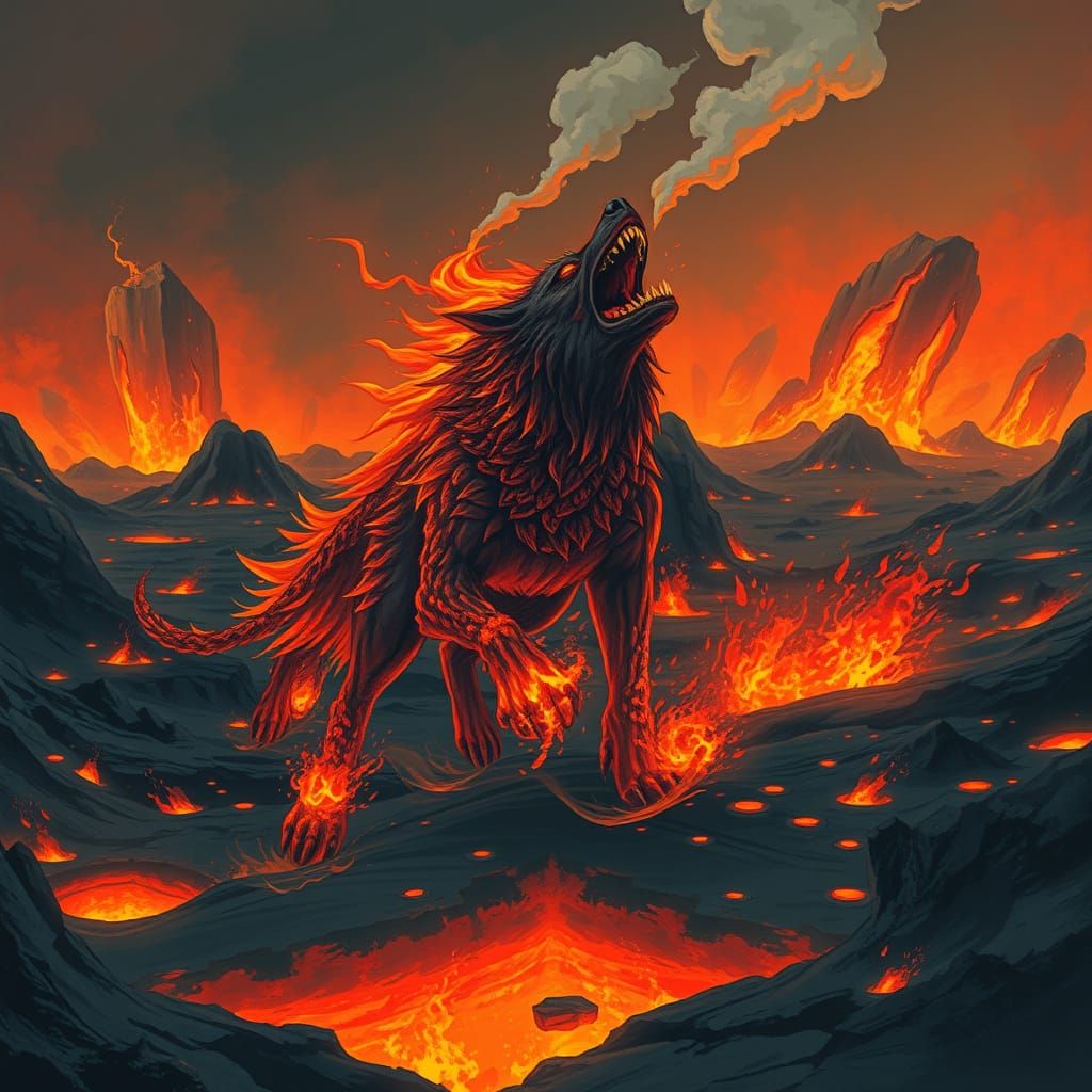 Fiery Blazehound Running Through Volcanic Landscape
