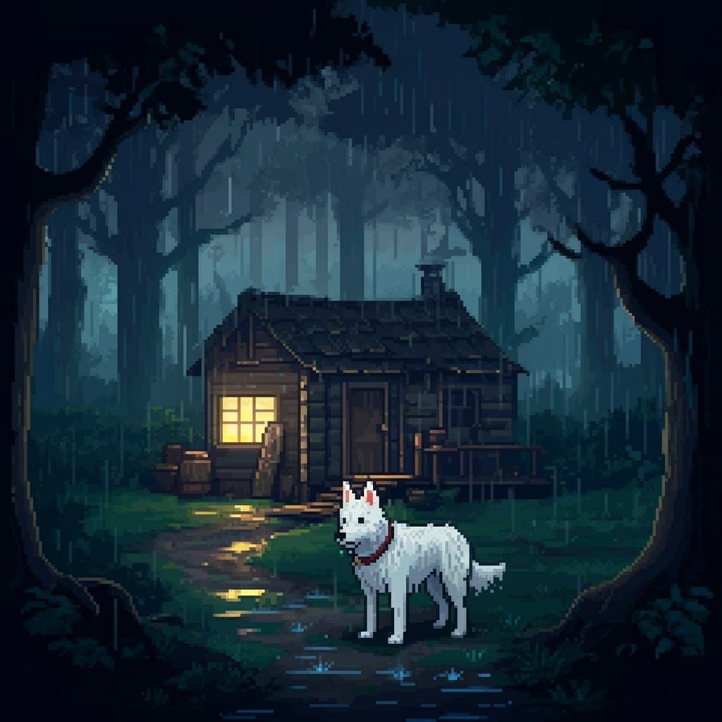 Pixel Art Dog in Stormy Forest