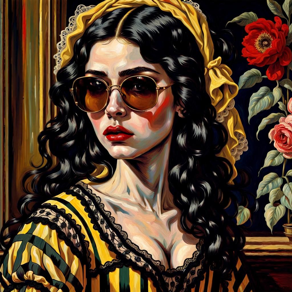 Psychedelic Woman with Red Lips in Yellow Lace