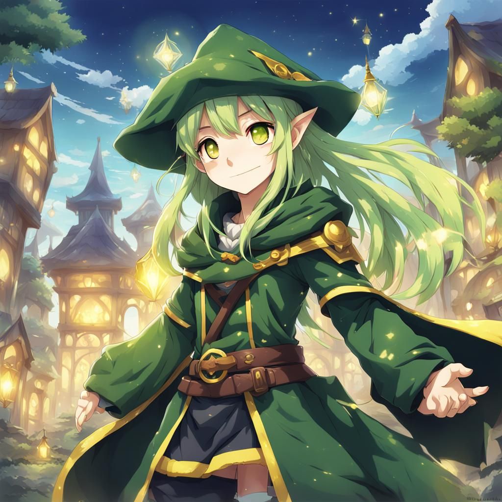 Anime-Style Female Gnome Sorcerer with Green Skin