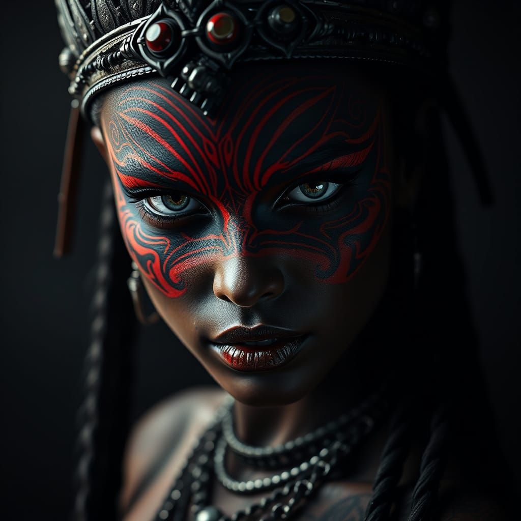 Dark Fantasy Woman with Tribal Makeup and Cyberpunk Style