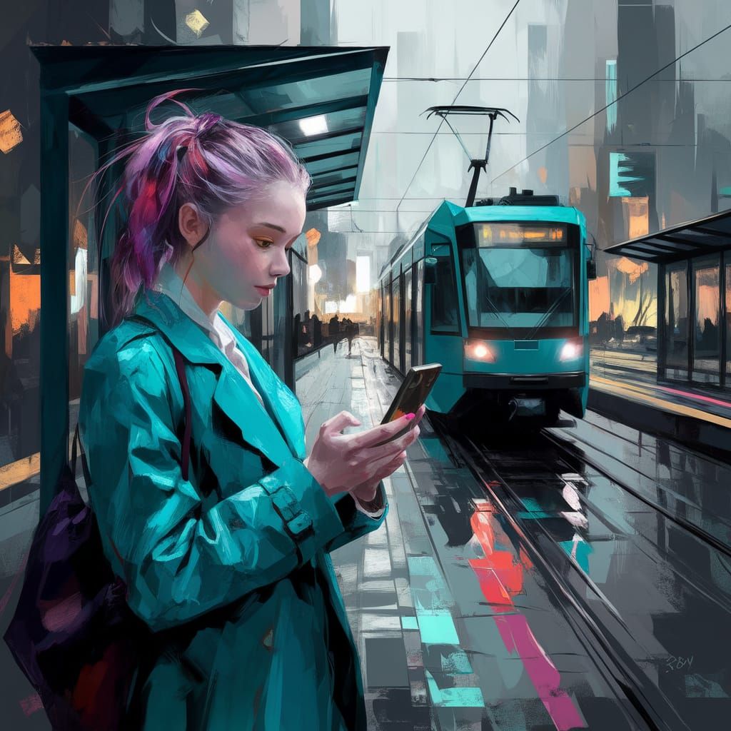 Impressionistic City Scene with a Young Woman Waiting for th...