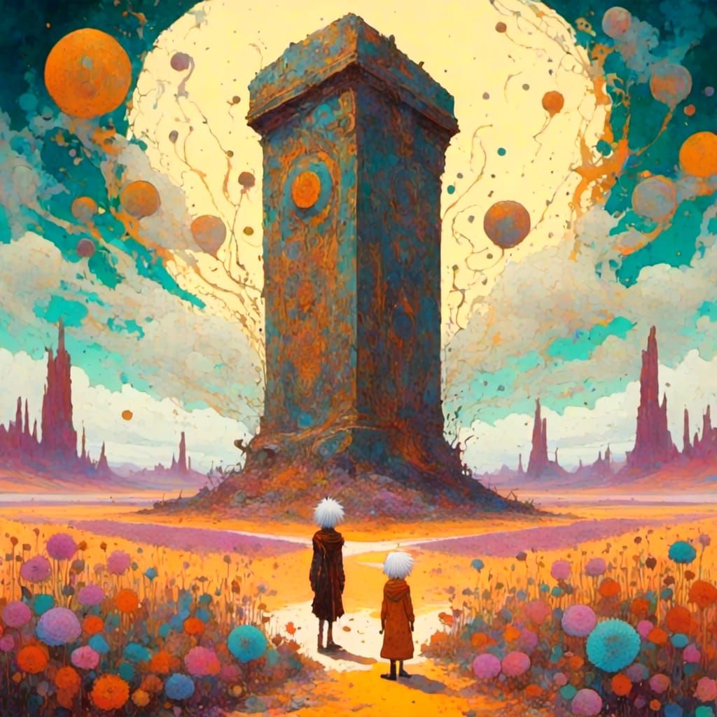 Nomad and Runestone in Surrealist Landscape