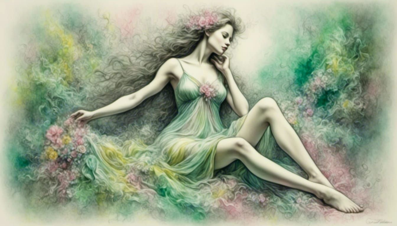 Serene Woman in Floral Garden, Charcoal Pastel Illustration