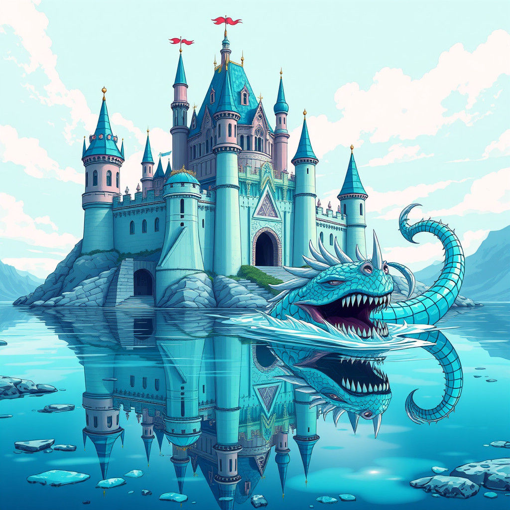 Teal and Rose Castle Guarded by Water Monster