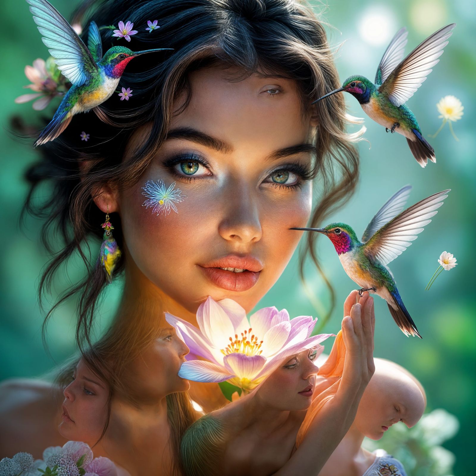 Beautiful Woman with Hummingbirds and Flower Portrait