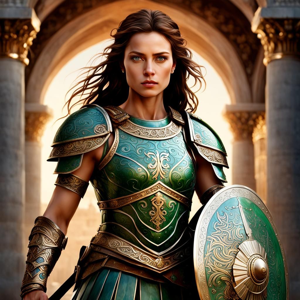 Beautiful Female Warrior in Greek Armor, Digital Art