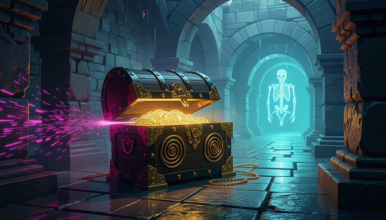 Cursed Cybernetic Treasure Chest in Klimt-Inspired Labyrinth