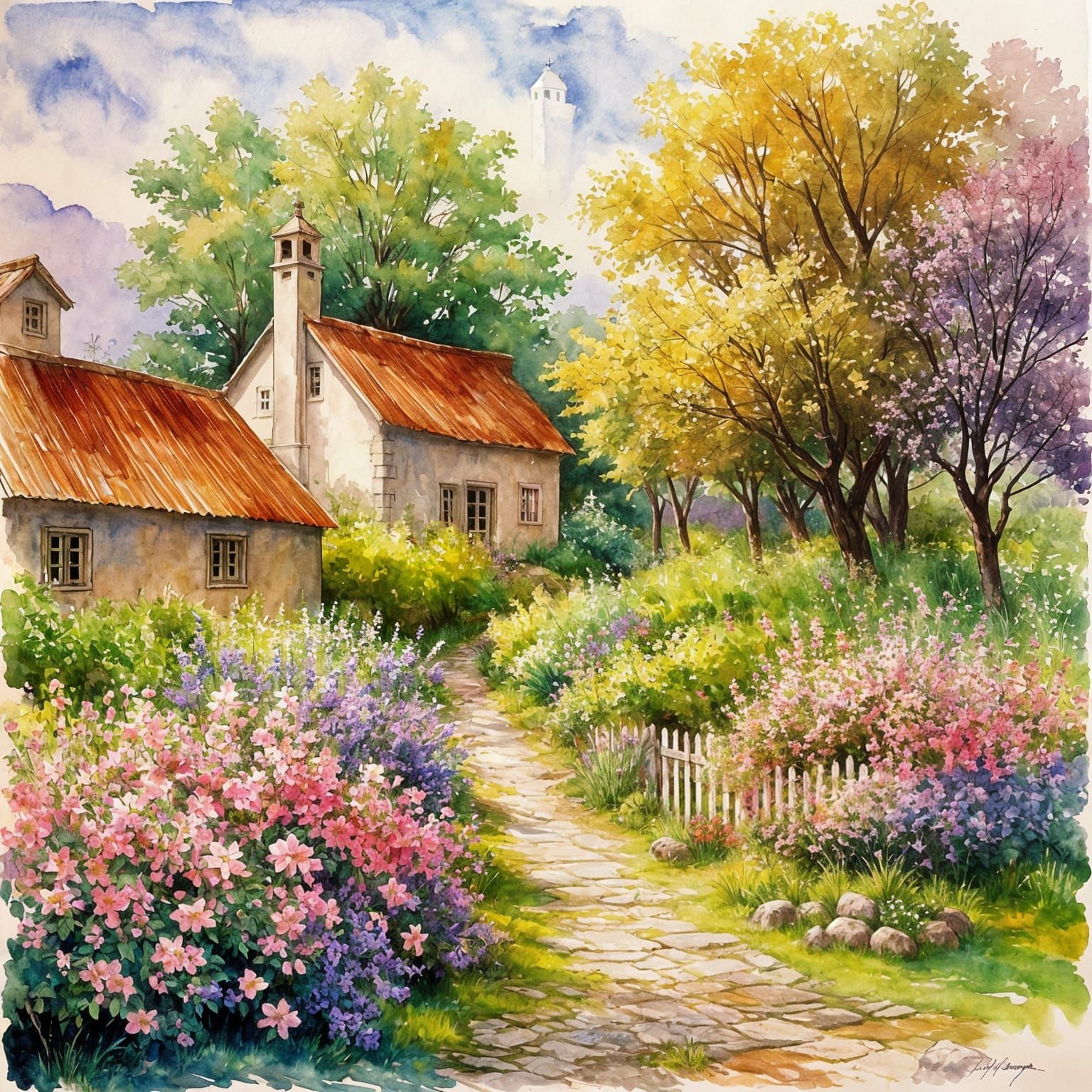Charming Rustic Village in Watercolor Spring Blossom