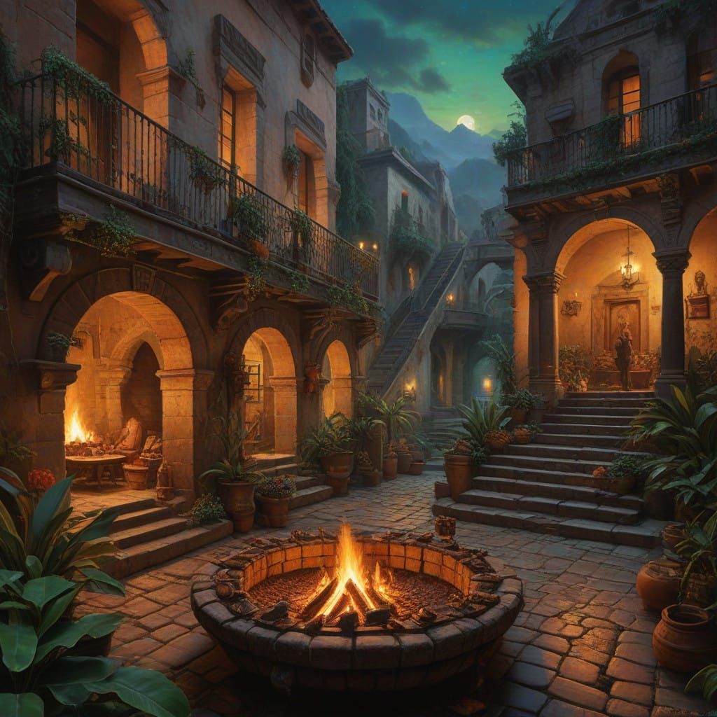 A grand Aztec feast held in a stone courtyard illuminated by torchlight. Rich chocolate (cacao) and deep woody scents mi...